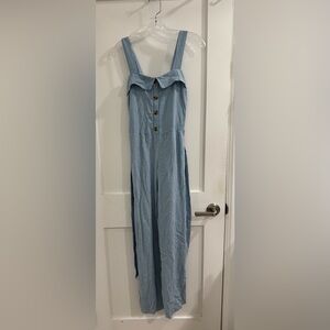 Monteau Los Angeles blue + offwhite stripe collared jumpsuit w/ tie belt